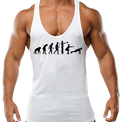 Crown Designs Evolution of Crossfit Musculacion Entrenamiento Con Pesas Deportes Chaleco Con Zancas Parte Superior Con Espalda y Espalda Ajustada Para Hombres y Adolescentes - Blanco con diseno negro / Medio