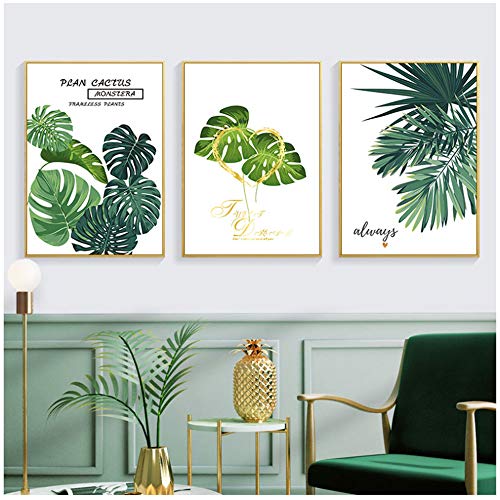 Cuadro en Lienzo Tropical Palm Leaf Green Plants Carteles e impresiones Monstera Wall Art Picture Decoración del hogar50x70 cm / 19.7"x 27.6" x3 Con marco