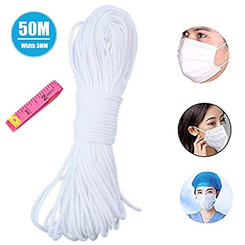 Cuerda Elastica 3mm, Cordón goma para Elástico de Cuerda Tela para Coser Ropa, Blanco Redondos Cintas elásticas para Costura Y Manualidades DIY Cordon 50 M