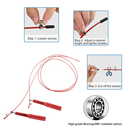 Cuerda para Saltar,Velocidad Cuerda de Salto-Cable de Acero Longitud Ajustable con Asa Aluminio Antideslizante y rodamientos de Bolas rápidos para Crossfit,Boxeo,Fitness Hombre y Mujer (Rojo)