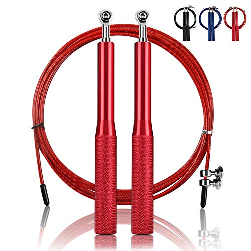 Cuerda para Saltar,Velocidad Cuerda de Salto-Cable de Acero Longitud Ajustable con Asa Aluminio Antideslizante y rodamientos de Bolas rápidos para Crossfit,Boxeo,Fitness Hombre y Mujer (Rojo)