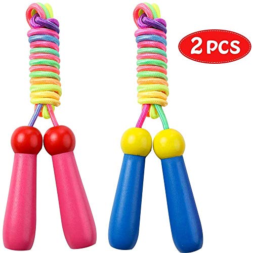 Cuerda Saltar 2 Pack 2.4m Skipping Rope Kids Ajustable con Mango de Madera y Cuerda de Algodón para Niños Junp Ropes 5-10 Años para el Juego Escolar o Actividad al Aire Libre