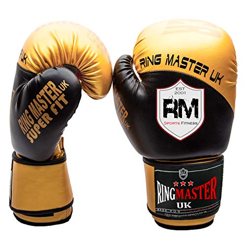 Cuero sintético RingMasterUK adultos guantes de boxeo dorado/negro, mujer hombre Infantil, color Dorado/negro, tamaño 12 onzas