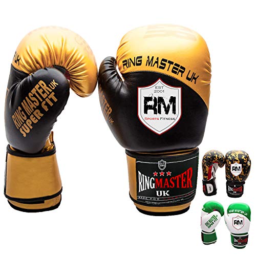 Cuero sintético RingMasterUK adultos guantes de boxeo dorado/negro, mujer hombre Infantil, color Dorado/negro, tamaño 12 onzas