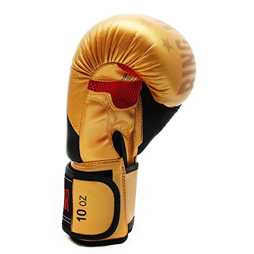 Cuero sintético RingMasterUK adultos guantes de boxeo dorado/negro, mujer hombre Infantil, color Dorado/negro, tamaño 12 onzas