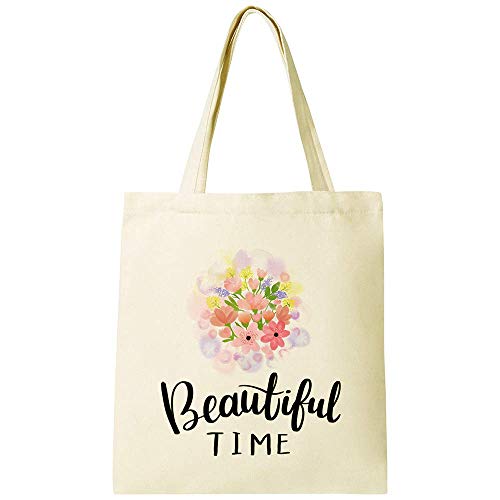 CUNYA - Bolsa de lona personalizable, 15 x 40 cm, reutilizables, con frases de tiempo hermosas, impresas, lavable artesanal, algodón para compras para mujer, color beige (estilo 1)