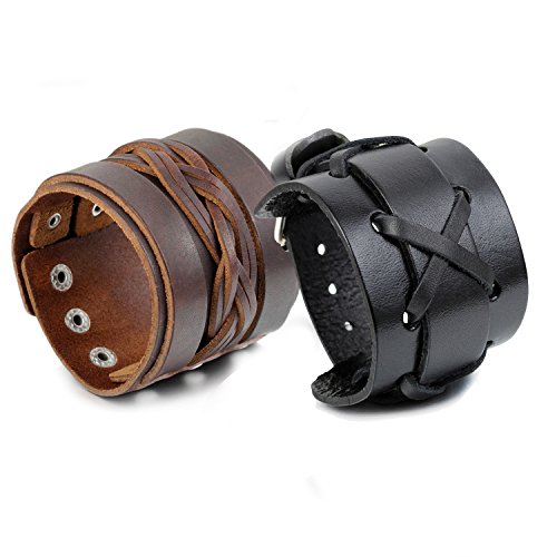 Cupimatch 2 Pcs Pulsera Hombre Muñequeras de Cuero Brazalete Punk Rock Piel Trenzado Ajustable Joyería de Moda Buen Regalo para Hombre (Estilo 1)