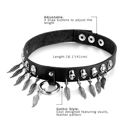 Cupimatch Choker Gargantilla Punk Collar Pinchos Mujer Calavera Colgante Pluma Gótico Cuero Joyería de Moda Ajustable Regalo San Valtin Mujer (Pluma)