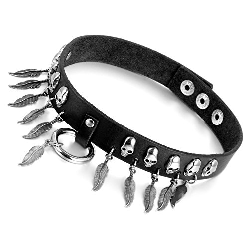 Cupimatch Choker Gargantilla Punk Collar Pinchos Mujer Calavera Colgante Pluma Gótico Cuero Joyería de Moda Ajustable Regalo San Valtin Mujer (Pluma)