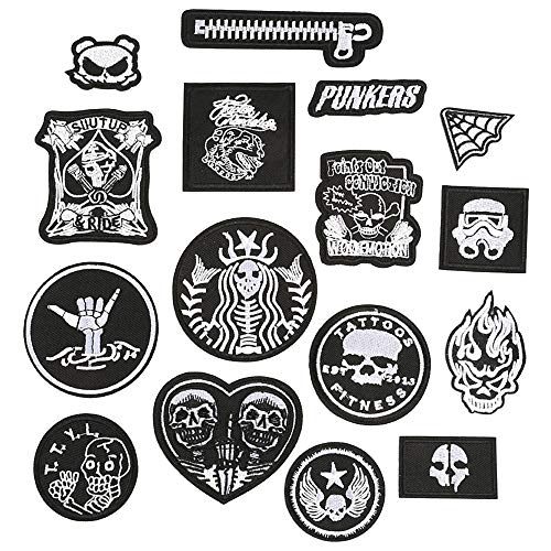 Daimay 16 PCS Hierro en Parches Apliques Bordados Pegatinas de Parche Bordadas en Blanco y Negro para Ropa de decoración, Mochila, Gorras, Jeans, Zapatos, Chaqueta, Bolso, etc.