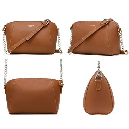 David Jones - Pequeño Bolso Bandolera Mujer - Bolsos de Hombro Cruzados Cadena Cuero PU - Mensajero Clutch Embrague Noche - Messenger Crossbody Bag - Pochette Piel Cremallera Elegante - Camel Marrón