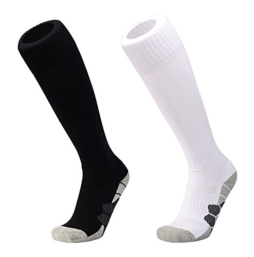 DEBAIJIA 2 Pares Calcetines de Fútbol Deportes al aire Libre de Medias de Fútbol Mujeres/Hombre Niños/Niñas Para Baloncesto, Lacrosse, Rugby, Hockey& Otros deportes Negro/Blanco - L