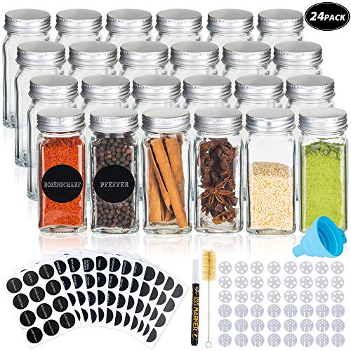 Deco Haus Juego 24 Tarros Especias con Tapa Rosca - Etiquetas, Embudo, Cepillo, Marcador - Va con Nuestros Estantes para Condimentos - Almacenamiento y Dispensador Vidrio Transparente 120ml 10.5x4.3cm