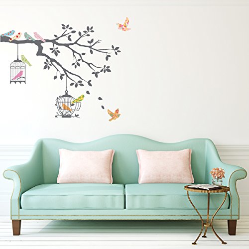 DECOWALL DW-1510 Pájaros en la Rama de un Árbol con Jaulas para Pájaros Vinilo Pegatinas Decorativas Adhesiva Pared Dormitorio Salón Guardería Habitación Infantiles Niños Bebés (Gris)