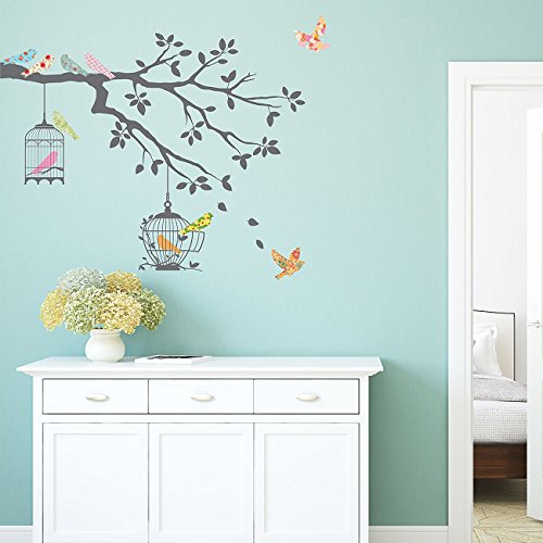 DECOWALL DW-1510 Pájaros en la Rama de un Árbol con Jaulas para Pájaros Vinilo Pegatinas Decorativas Adhesiva Pared Dormitorio Salón Guardería Habitación Infantiles Niños Bebés (Gris)