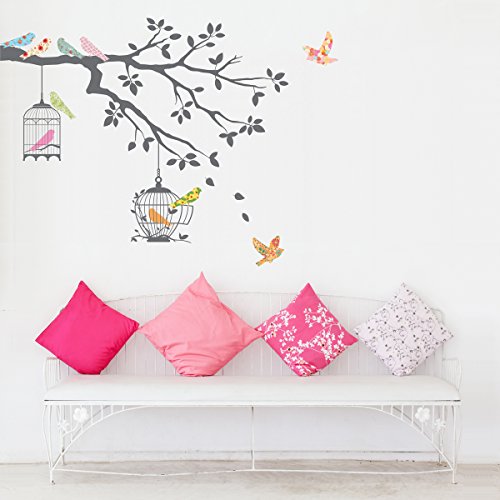 DECOWALL DW-1510 Pájaros en la Rama de un Árbol con Jaulas para Pájaros Vinilo Pegatinas Decorativas Adhesiva Pared Dormitorio Salón Guardería Habitación Infantiles Niños Bebés (Gris)