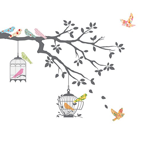 DECOWALL DW-1510 Pájaros en la Rama de un Árbol con Jaulas para Pájaros Vinilo Pegatinas Decorativas Adhesiva Pared Dormitorio Salón Guardería Habitación Infantiles Niños Bebés (Gris)
