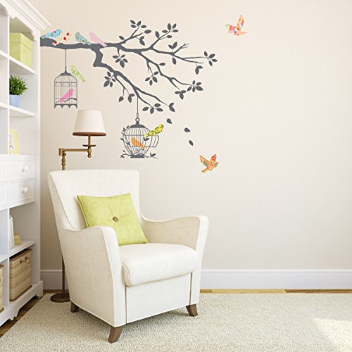 DECOWALL DW-1510 Pájaros en la Rama de un Árbol con Jaulas para Pájaros Vinilo Pegatinas Decorativas Adhesiva Pared Dormitorio Salón Guardería Habitación Infantiles Niños Bebés (Gris)