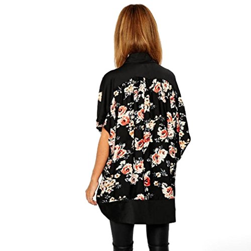 DEELIN Manga Corta De La ImpresióN Floral De La Gasa del Verano De Las Mujeres del Verano Que Cubre La Cubierta Superior De La Rebeca del Kimono del MantóN De La Gasa (XL, Negro)