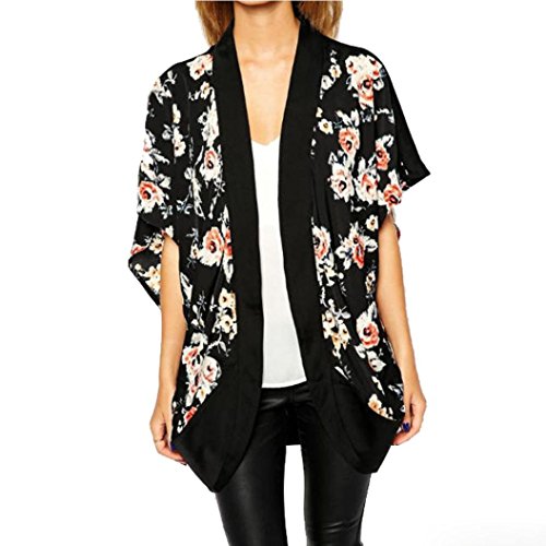 DEELIN Manga Corta De La ImpresióN Floral De La Gasa del Verano De Las Mujeres del Verano Que Cubre La Cubierta Superior De La Rebeca del Kimono del MantóN De La Gasa (XL, Negro)