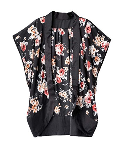 DEELIN Manga Corta De La ImpresióN Floral De La Gasa del Verano De Las Mujeres del Verano Que Cubre La Cubierta Superior De La Rebeca del Kimono del MantóN De La Gasa (XL, Negro)