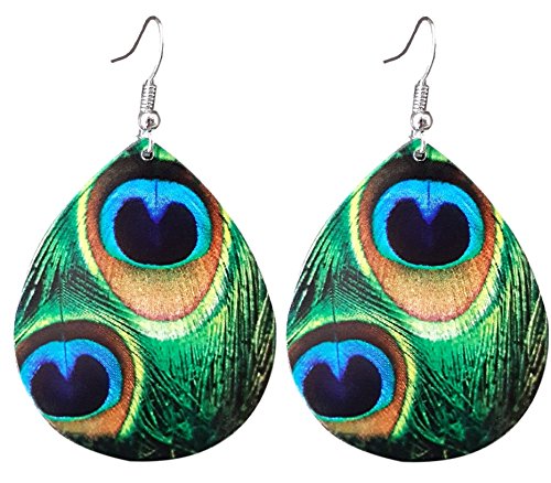 Deep verde cola de pavo real pluma Dangle Pendientes de gota disco por pashal