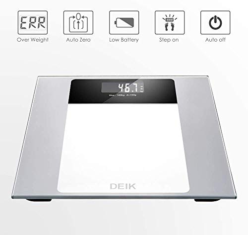 Deik Bascula Baño, Báscula Baño Digital con Pantalla LCD Retroiluminada, Alta Precisión, Gran Plataforma, 180 Kilogramm, Incluida Herramienta de Medida y 2 Baterías AAA, Transparente (blanco)