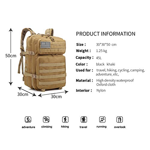 Delgeo Mochila Táctica 45L Gran Capacidad Múltiples Bolsillos Macutos de Senderismo Nylon 900D Impermeable Robusto Mochila para Hombre y Mujer Mochila Senderismo, Acampada, Montañismo y más-Caqui