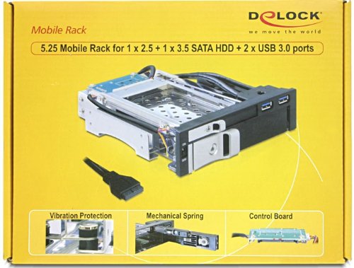 DeLOCK 5.25 Mobile Rack - Caja de Disco Duro (SATA, 2,5", 3,5", 2 x USB 3.0), Negro