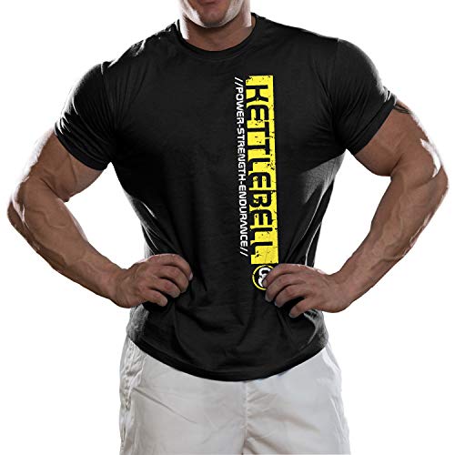 DesignDivil Pro Kettlebell – Camisetas de levantamiento de entrenamiento o casual – 3 opciones de color de impresión Amarillo Impresión amarilla. XL