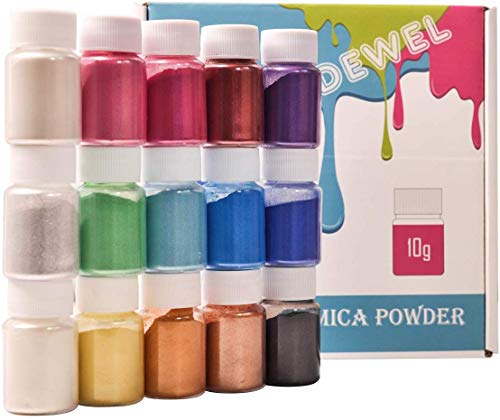 Dewel 15 Botes 10g pigmentos en polvo de Mica para teñir resina epoxi transparente,colorante jabon, bombas de baño, hacer slime, Maquillaje,uñas.