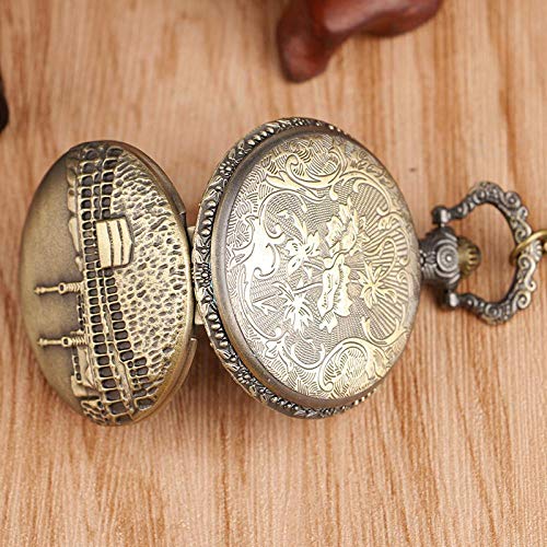 DFGHJK Reloj De Bolsillo con Cadena Classic Castle Building Reloj De Bolsillo De Cuarzo Bronce Collar Antiguo Colgante Cadena Mujeres Hombres Relojes