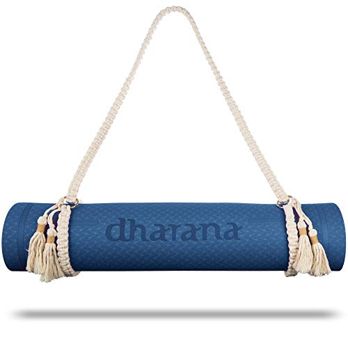 Dharana Esterilla Yoga Mat Antideslizante Profesional- Colchoneta Gruesa para Deportes - Gimnasia Pilates Fitness - Ecológica - Accesorio Correa Tejida de Macramé para Trasportar (Azul)