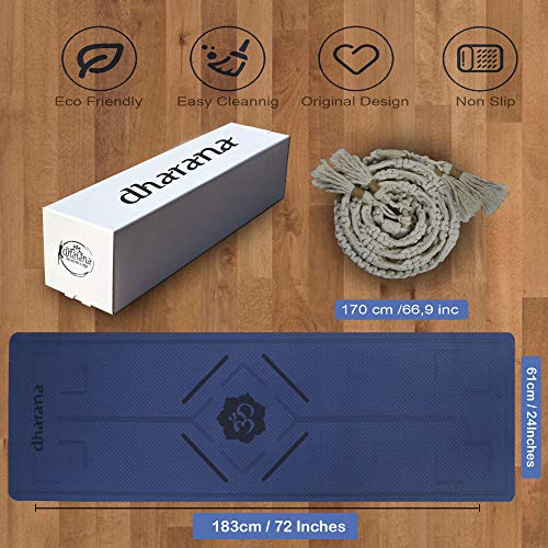 Dharana Esterilla Yoga Mat Antideslizante Profesional- Colchoneta Gruesa para Deportes - Gimnasia Pilates Fitness - Ecológica - Accesorio Correa Tejida de Macramé para Trasportar (Azul)