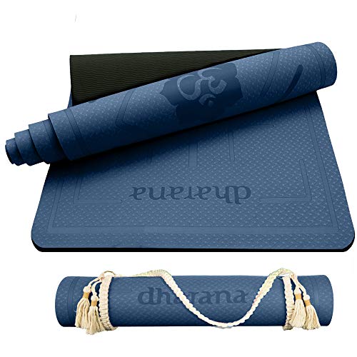 Dharana Esterilla Yoga Mat Antideslizante Profesional- Colchoneta Gruesa para Deportes - Gimnasia Pilates Fitness - Ecológica - Accesorio Correa Tejida de Macramé para Trasportar (Azul)