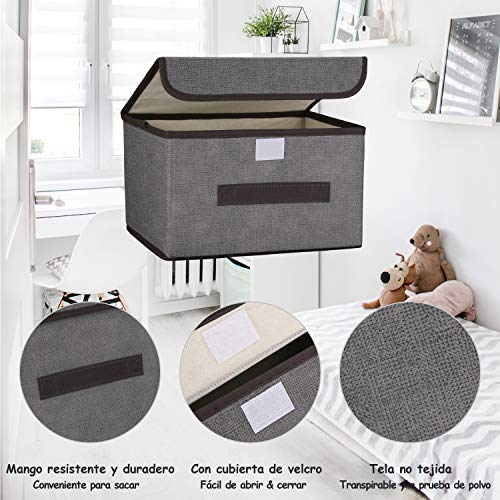 DIMJ Cajas Almacenaje con Tapa, Conjunto de 3 Cajas Organizadoras Plegable, Cubos de Almacenamiento con Asa, Organizadores de Contenedore para Ropa Juguetes Libros (Gris)