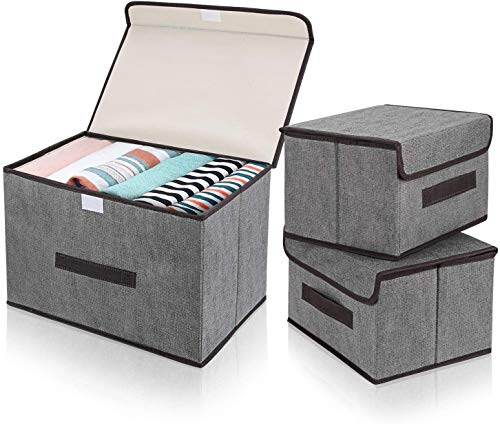 DIMJ Cajas Almacenaje con Tapa, Conjunto de 3 Cajas Organizadoras Plegable, Cubos de Almacenamiento con Asa, Organizadores de Contenedore para Ropa Juguetes Libros (Gris)