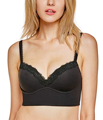 DOBREVA Sujetador Push Up sin Aros con Relleno de Encaje Bralette para Mujer Negro(Push Up) 85A