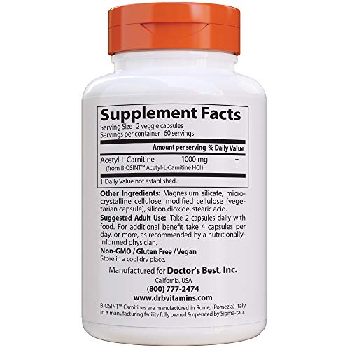 Doctor's Best Acetyl L-Carnitine with Biosint Carnitines, 500mg - 120 vcaps 120 unidades 140 g