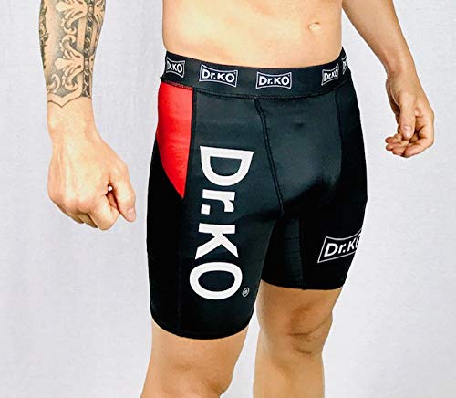 Dr. K.O. Pantalones Mallas Cortas térmicas de compresión, Shorts de compresión MMA para Lucha, Boxeo, Artes Marciales, Kick Boxing, Muay Thai (Negro y Rojo, S)