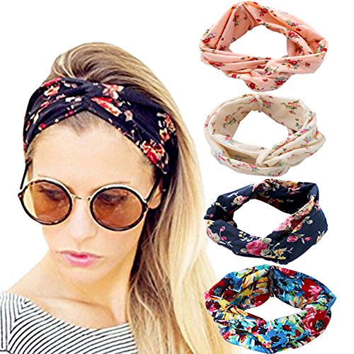 DRESHOW 4 Pack 1950 vendimia flor bandas para las mujeres Twist elástico Turbante Headband cabeza envuelve lindo Hair Band accesorios