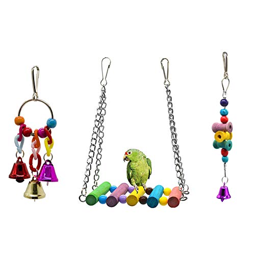 Dsaren Juguetes para Pájaros Colorful Columpio para Loros Accesorios Jaula Pajaros Bite Toy con Campanas para Periquitos, Cockatiels, Africana Greys Loros, Paquete de 3 (Colores aleatorios)