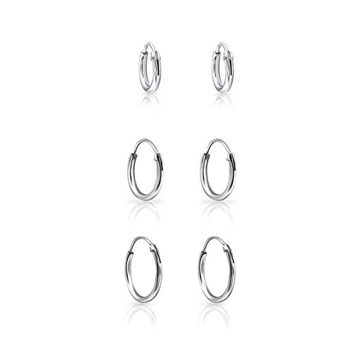 DTP Silver - Conjunto de 3 pares de Pendientes de Aro - Plata 925 - Espesor 1.2 mm, Diámetro 8, 10, 12 mm