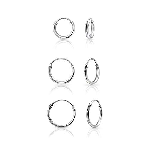 DTP Silver - Conjunto de 3 pares de Pendientes de Aro - Plata 925 - Espesor 1.2 mm, Diámetro 8, 10, 12 mm