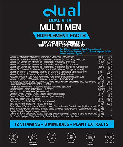 DUAL VITA Multi Men | Combinación De Vitaminas, Minerales y Plantas | Hombres Activos |60 Cápsulas Veganas | Suplemento Dietético 100% Natural | Certificado | Sin Aditivos | Fabricado En La UE
