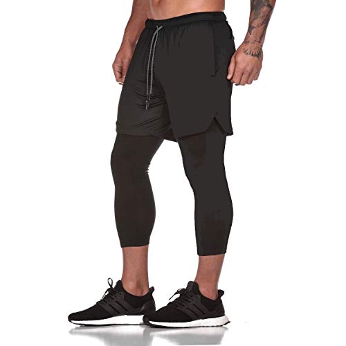 Ducomi Pantalones de Fitness para Hombre + Leggings de Compresión Running 2 en 1 - Pantalones Largos y Shorts de Gimnasia - Calzado Deportivo Ligero para Correr, Deporte y Baloncesto (Negro, EU L)