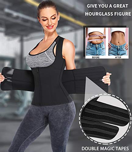 DUROFIT Trajes de Sudoración para Fitness Mujer Chaleco Sauna Adelgazante Faja Abdominal Reductora Cinturón de Entrenamiento con Cinturones Dobles Negro M