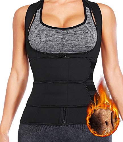 DUROFIT Trajes de Sudoración para Fitness Mujer Chaleco Sauna Adelgazante Faja Abdominal Reductora Cinturón de Entrenamiento con Cinturones Dobles Negro M