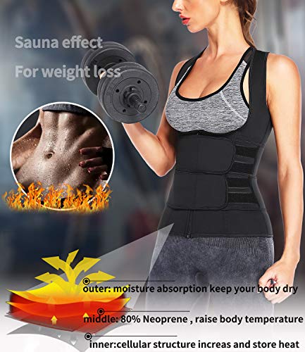 DUROFIT Trajes de Sudoración para Fitness Mujer Chaleco Sauna Adelgazante Faja Abdominal Reductora Cinturón de Entrenamiento con Cinturones Dobles Negro M