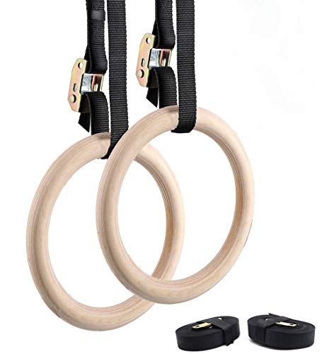 DYJD Anillas de Gimnasia, Gimnasia Par de Madera Olímpicos de Gimnasia Ajustables Anillos Aros de Crossfit Fuerza Entrenamiento Pull ups Formación,32mm